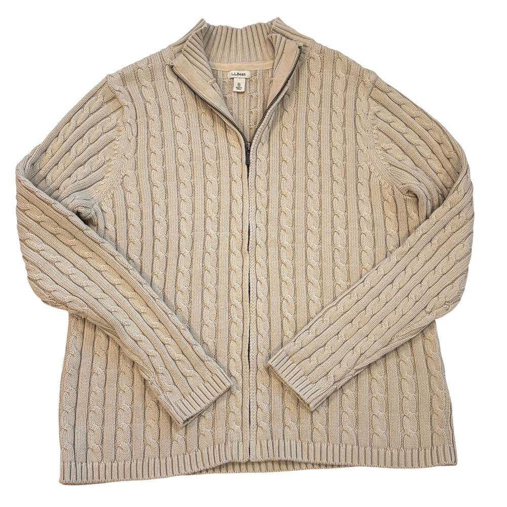 LL Bean Double L Sweater Women Size XL Beige Cable Knit Classic Full Zip Preppy